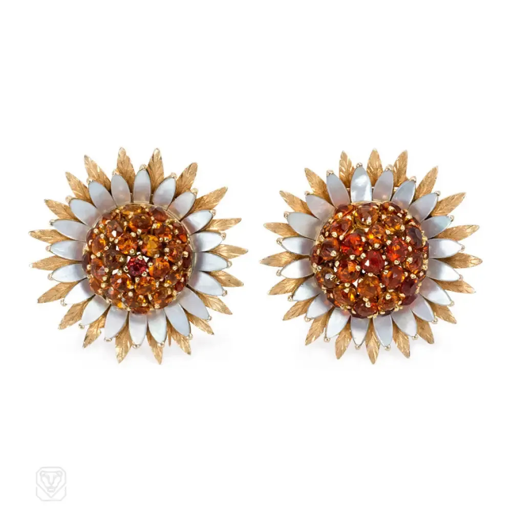 Pair of citrine flower brooches