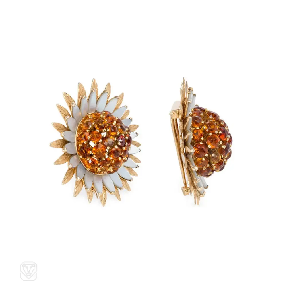 Pair of citrine flower brooches