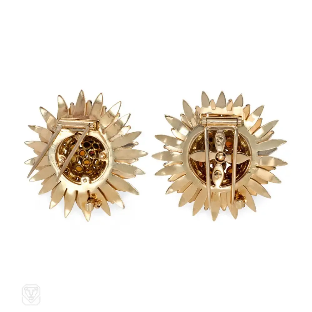 Pair of citrine flower brooches