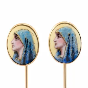Pair of Virgin Mary Hand Painted Enamel Stick Pins in 14 Karat Yellow Gold
