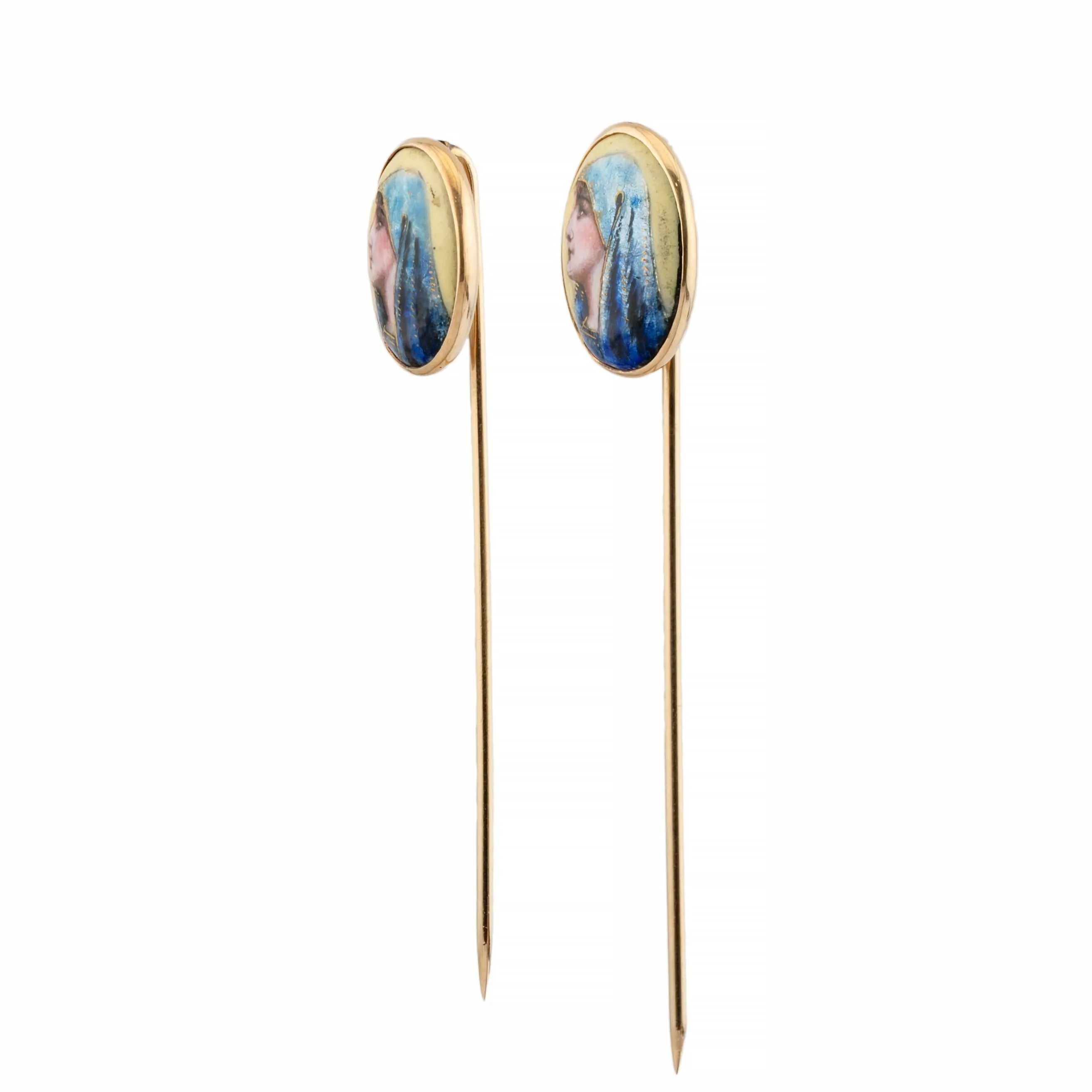 Pair of Virgin Mary Hand Painted Enamel Stick Pins in 14 Karat Yellow Gold
