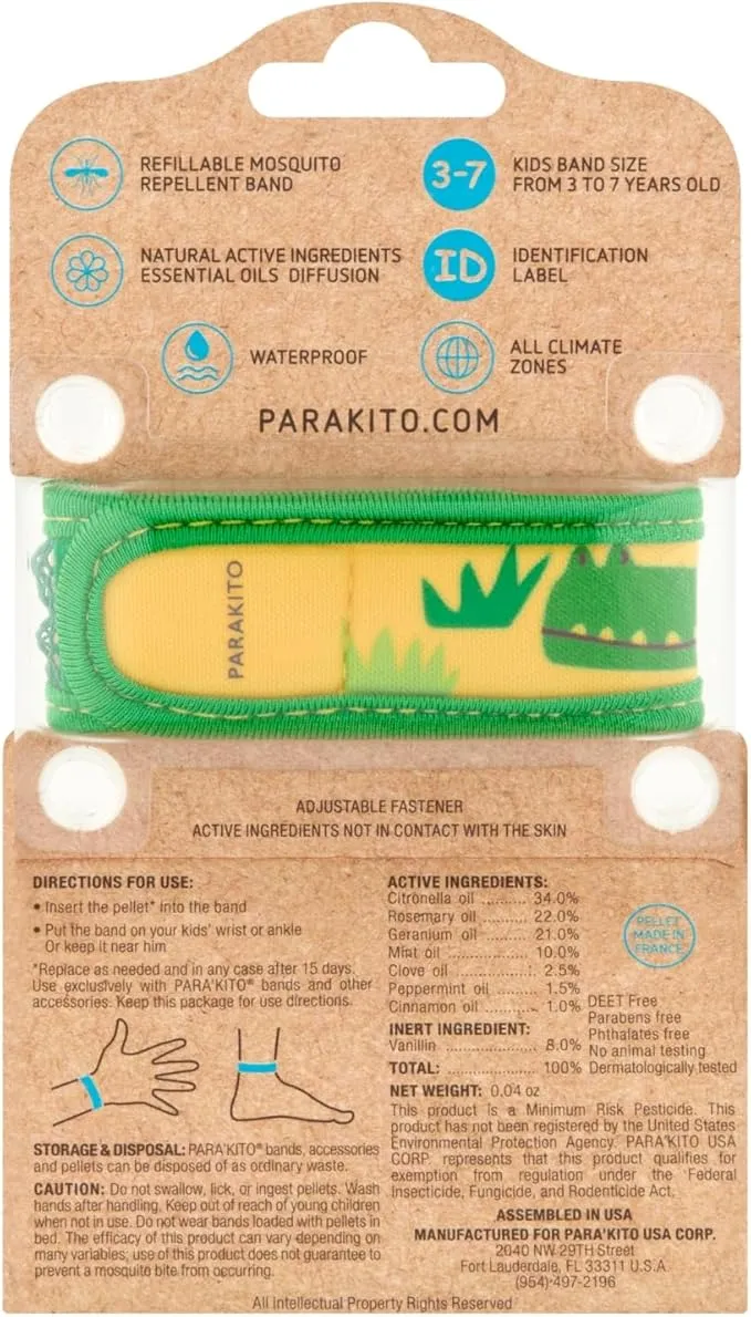 PARA'KITO Bug & Mosquito Bracelets for Kids | Mosquito Spray Alternative | Waterproof, Outdoor Insect Wristband w/Natural Essential Oils | Hiking, Trekking & Camping Accessories (Crocodile)