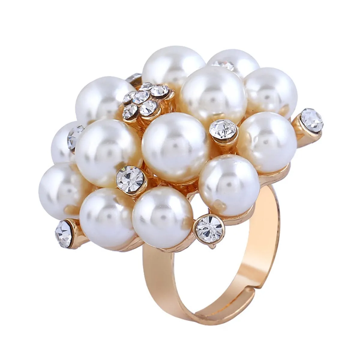 Pearl & Cubic Zirconia 18k Gold-Plated Floral Adjustable Ring
