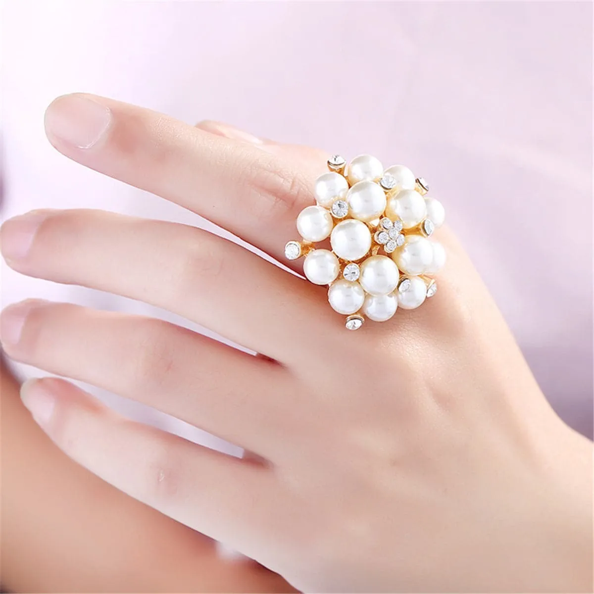 Pearl & Cubic Zirconia 18k Gold-Plated Floral Adjustable Ring