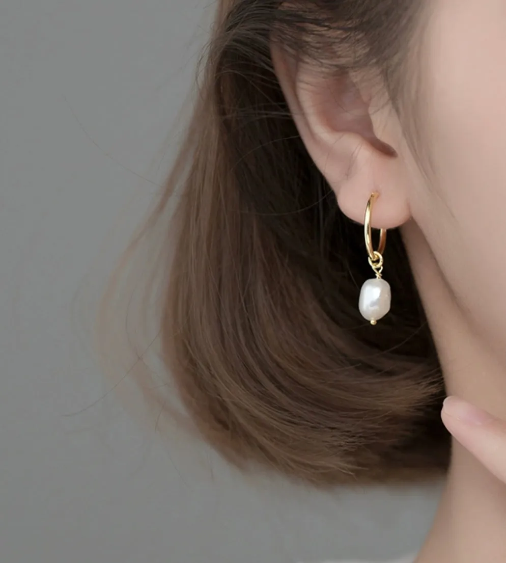 Pearl Drop Hoop Earrings-SH063
