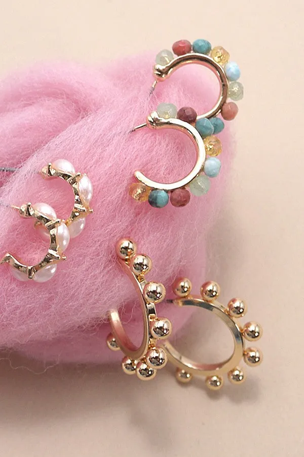 PEARL NATURAL BEAD BALL STUD TRIO HOOP EARRINGS | 80E3837
