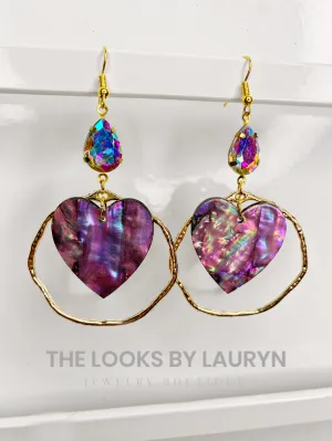 Pink Abalone Heart Hoop Earrings