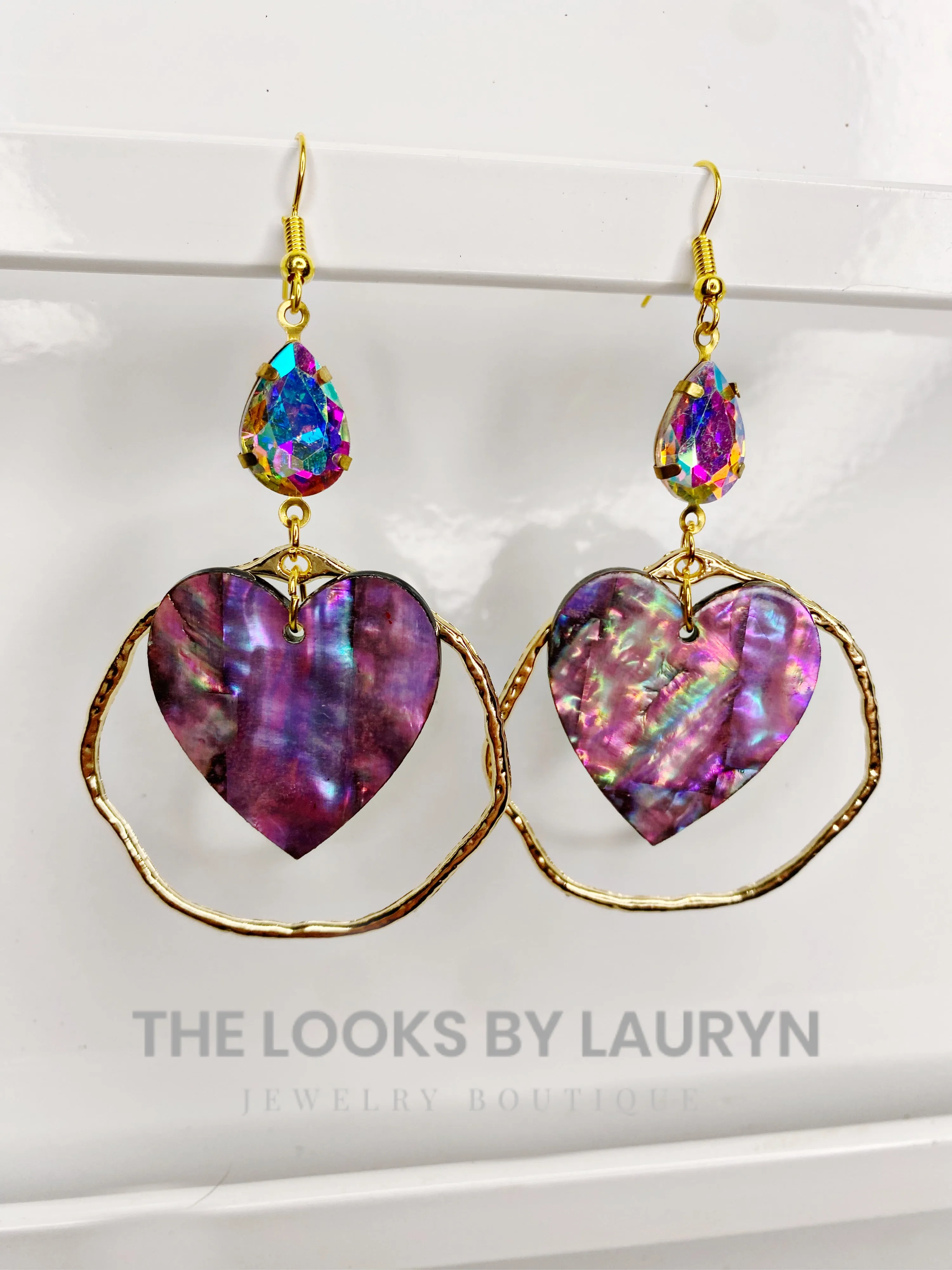 Pink Abalone Heart Hoop Earrings