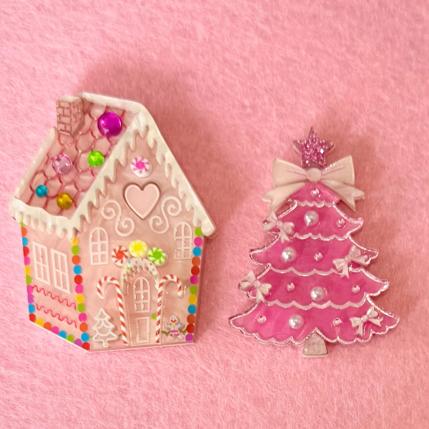Pink Gingerbread house - Brooch - Set of 2