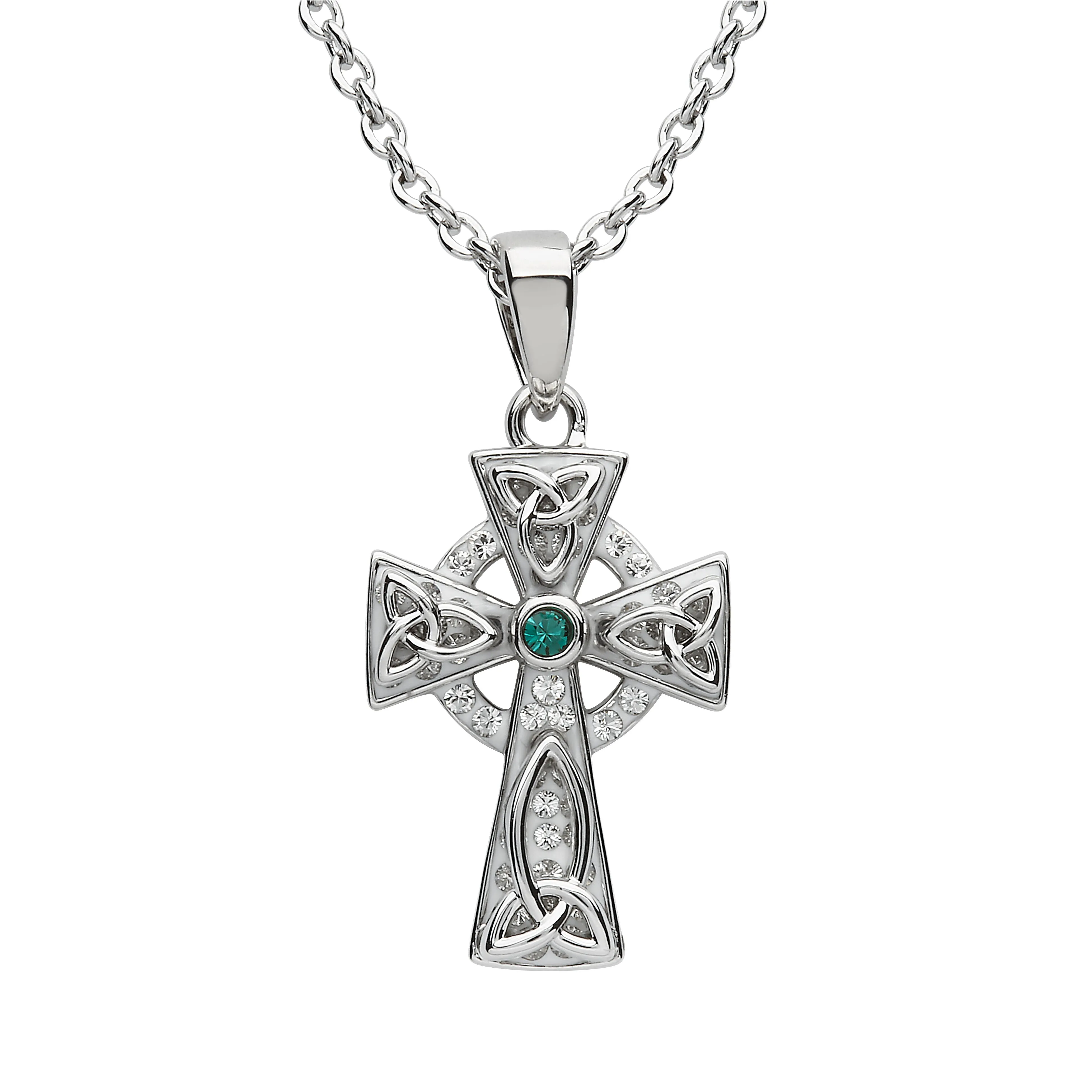 Platinum Plated Celtic Cross necklace With Green Crystals Centre Stone