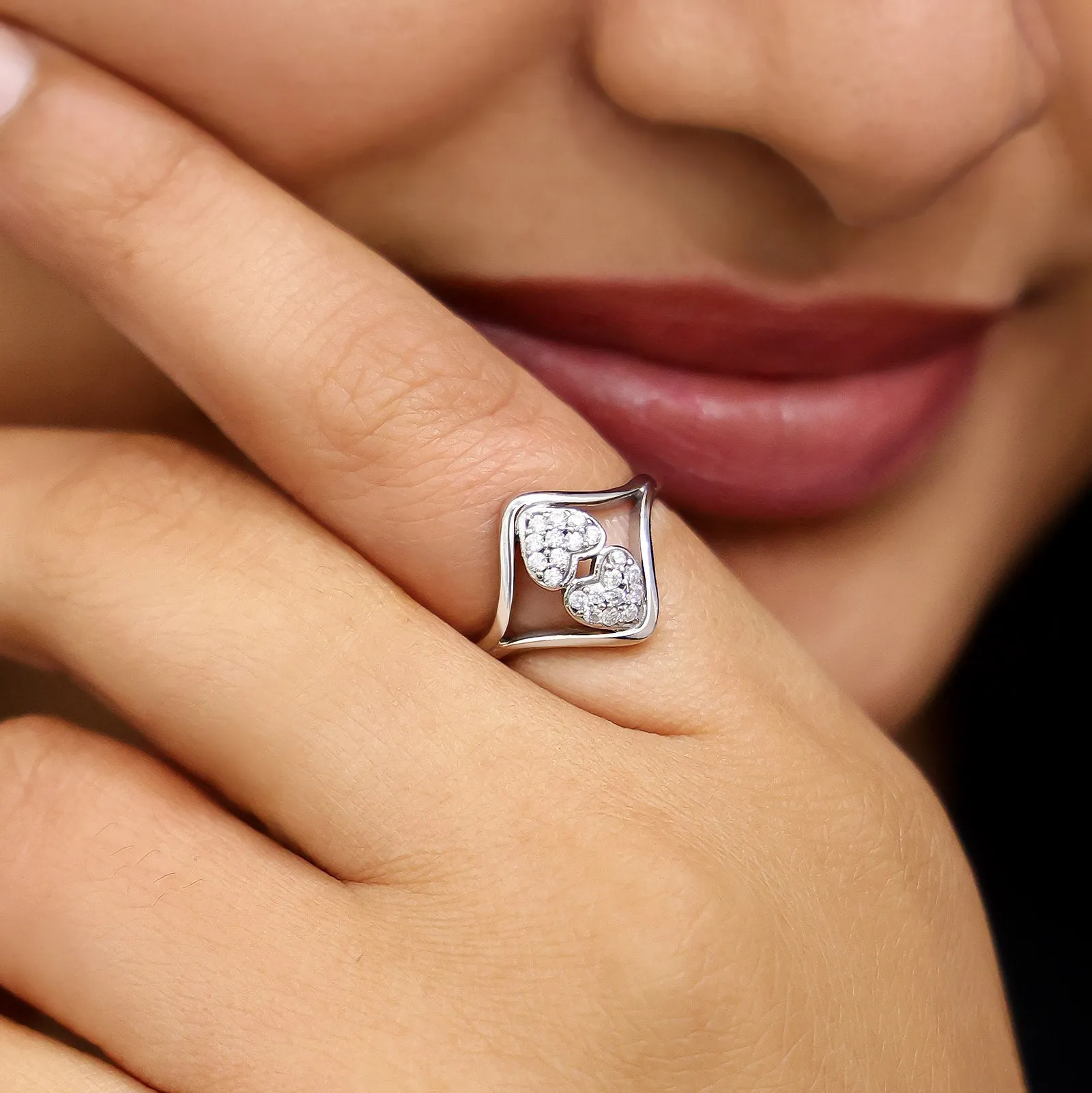 Pure Silver Ring - Adjustable Two Heart Silver Ring