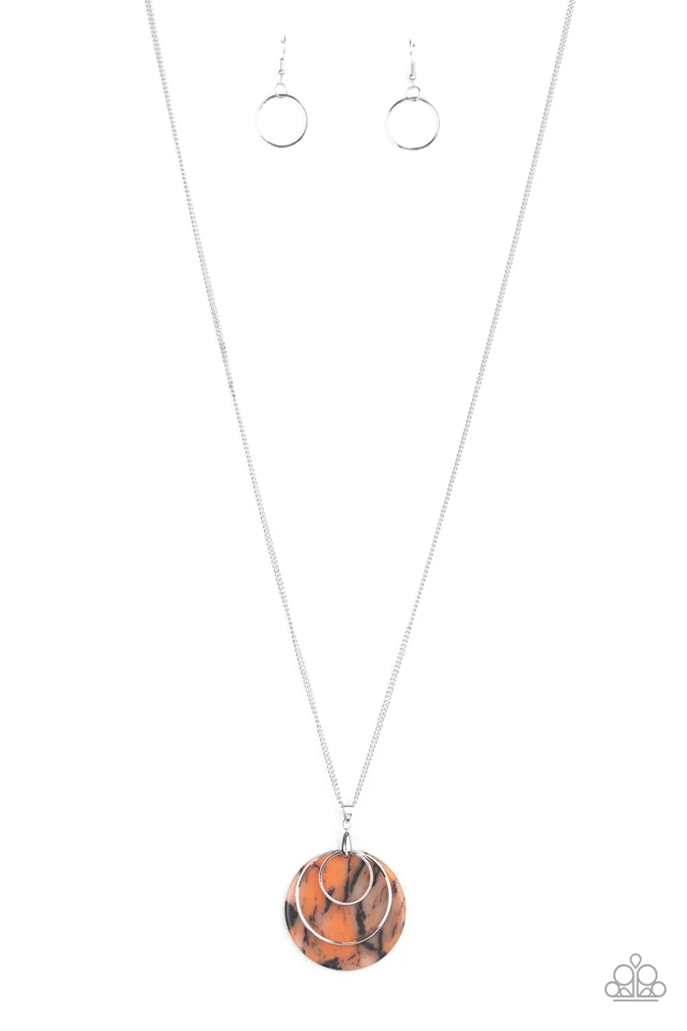 " Sahara Equinox " Silver Metal Orange Acrylic Disc Necklace Set