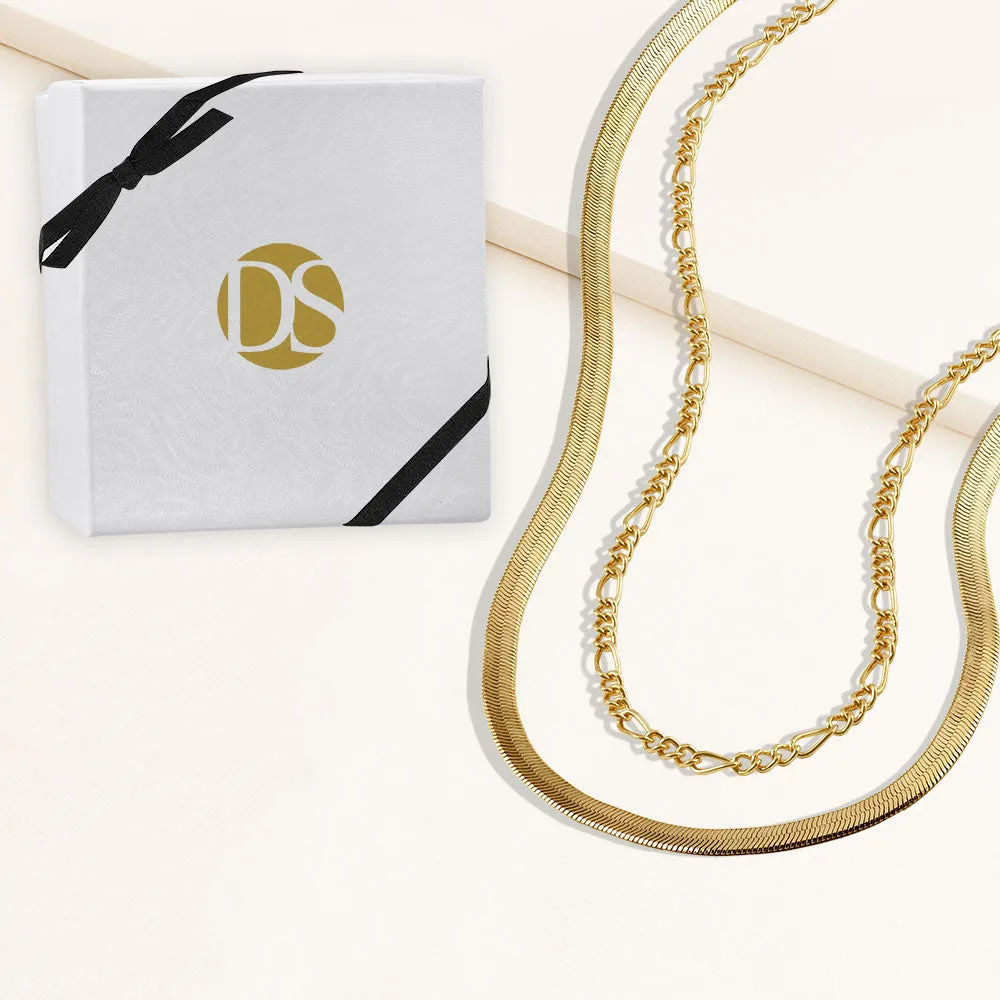 "Alice Duo" Set of Two Herringbone & Figaro Chain Layering Necklaces