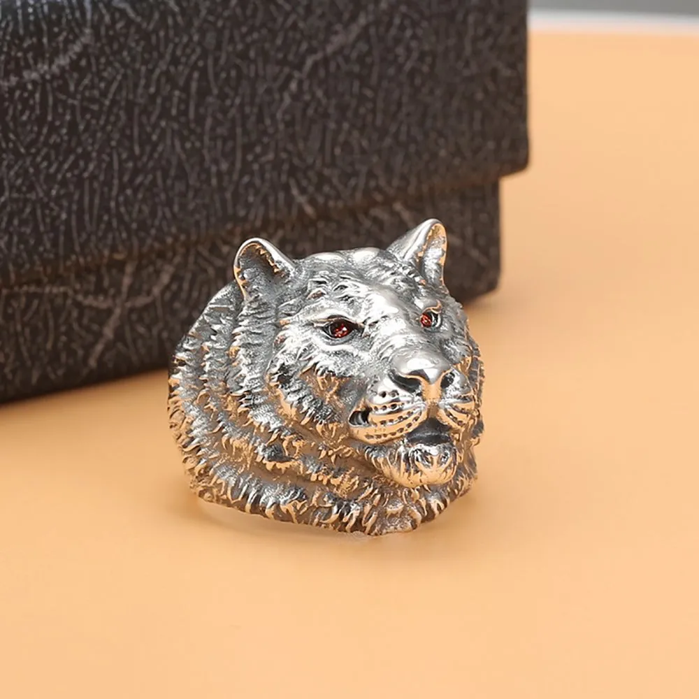 Real Solid 925 Sterling Silver Rings Tiger Animals Punk Jewelry Open Size 8-10