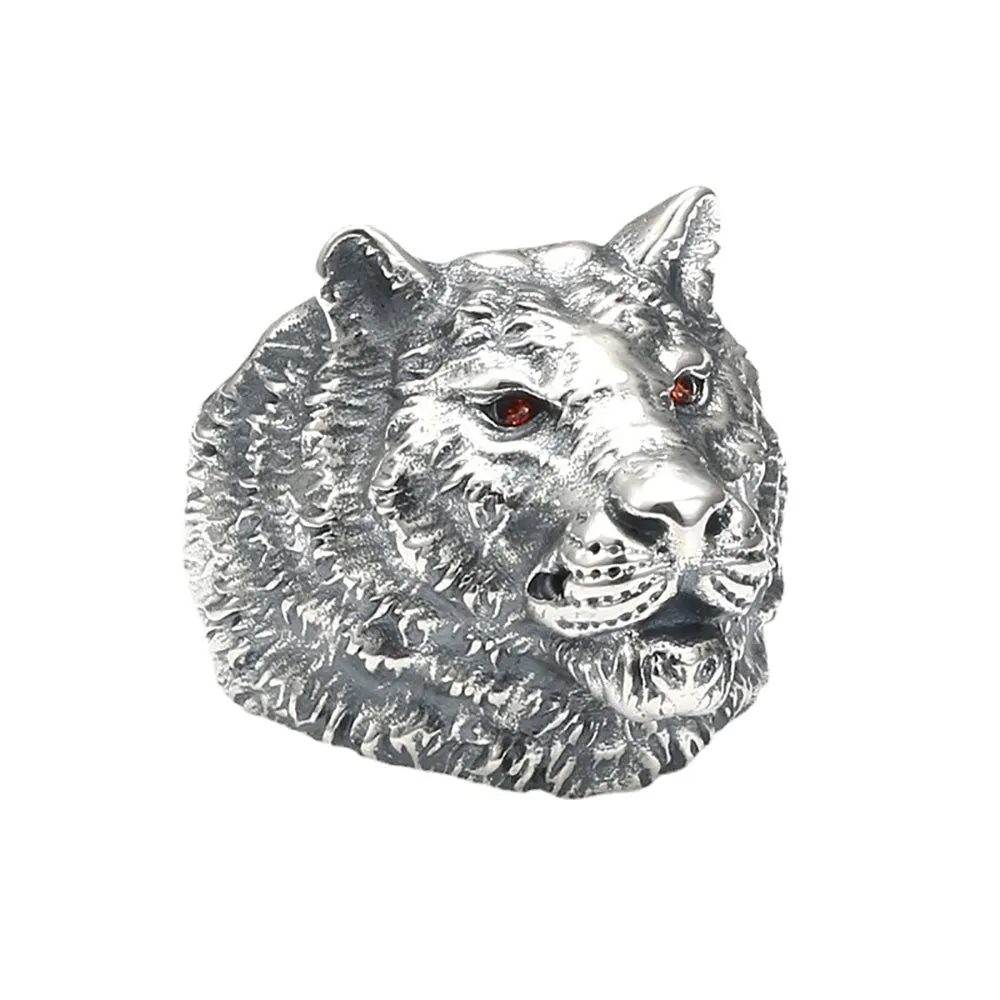 Real Solid 925 Sterling Silver Rings Tiger Animals Punk Jewelry Open Size 8-10