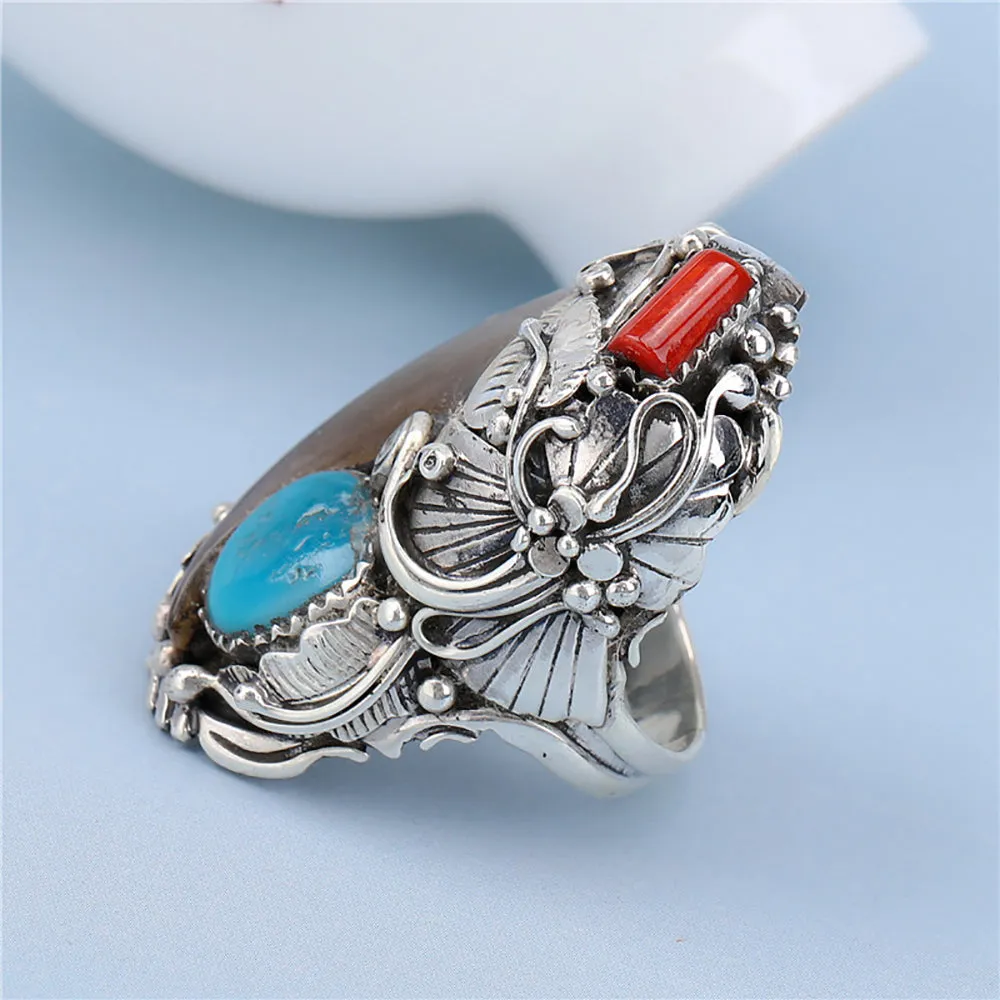 Real Solid 925 Sterling Silver Rings Turquoise Agate Flowers Fashion Punk Jewelry Open Size 8-11