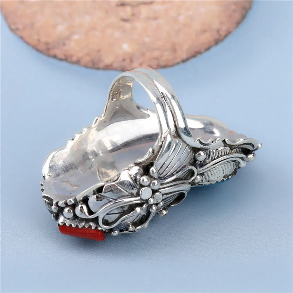 Real Solid 925 Sterling Silver Rings Turquoise Agate Flowers Fashion Punk Jewelry Open Size 8-11