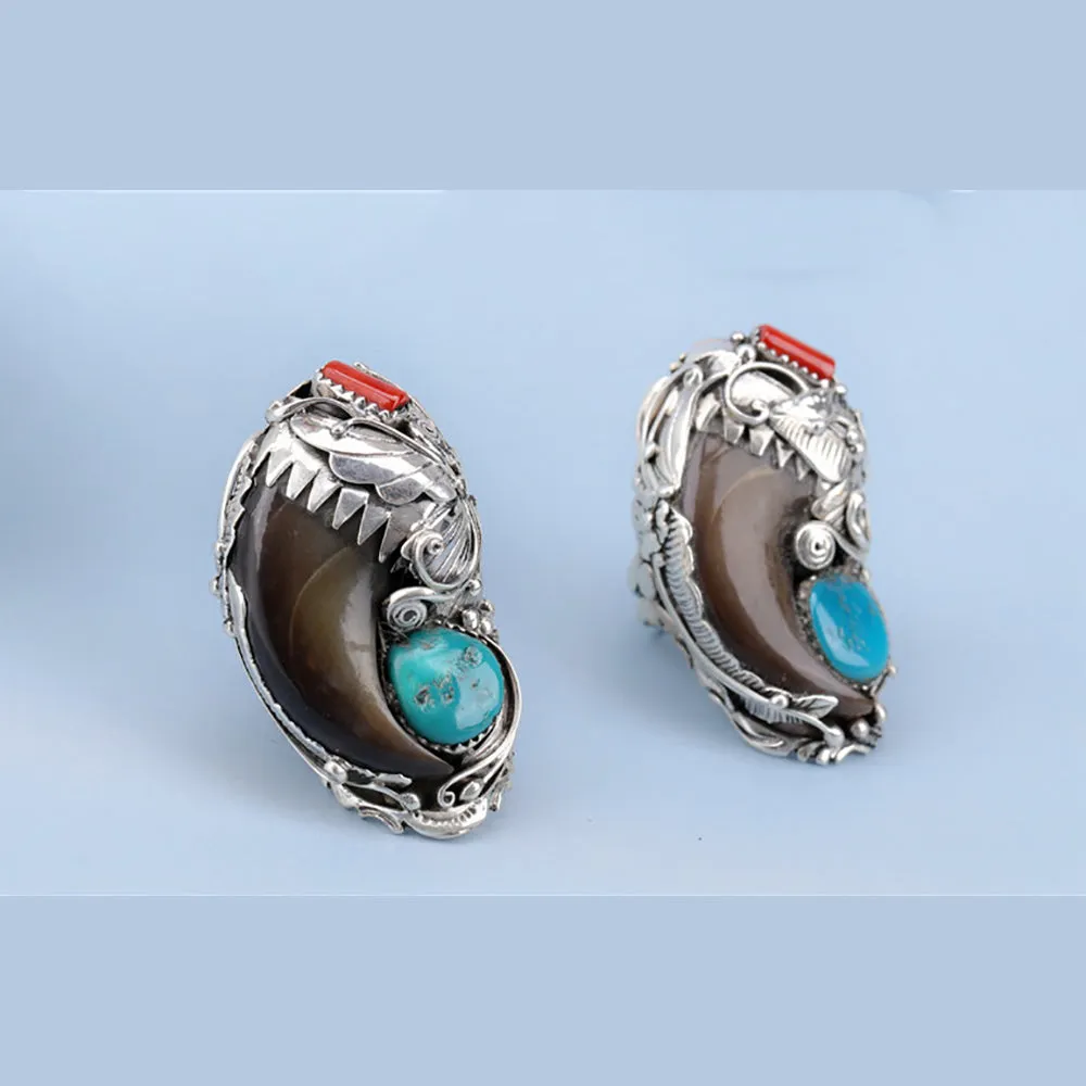 Real Solid 925 Sterling Silver Rings Turquoise Agate Flowers Fashion Punk Jewelry Open Size 8-11