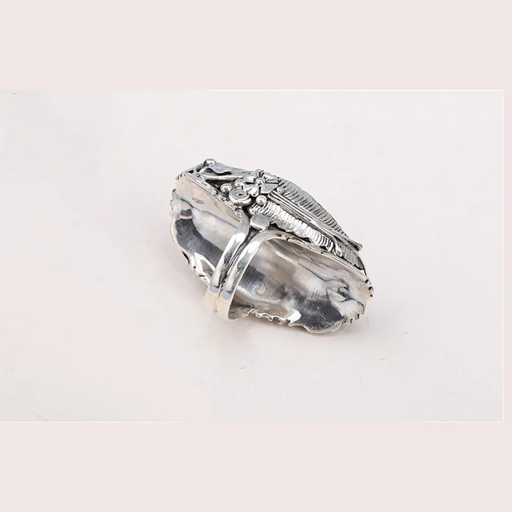 Real Solid 925 Sterling Silver Rings Turquoise Agate Flowers Fashion Punk Jewelry Open Size 8-11