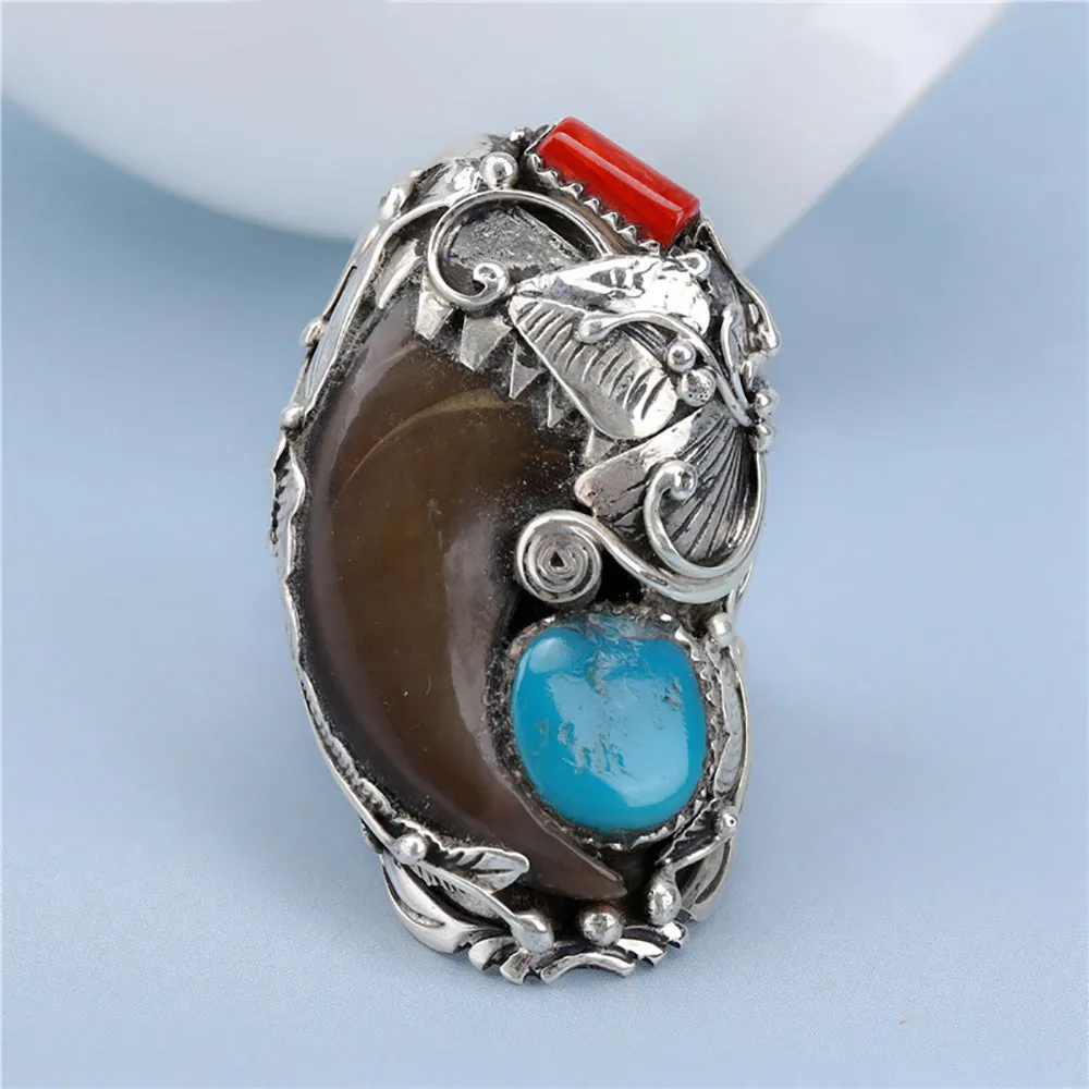 Real Solid 925 Sterling Silver Rings Turquoise Agate Flowers Fashion Punk Jewelry Open Size 8-11