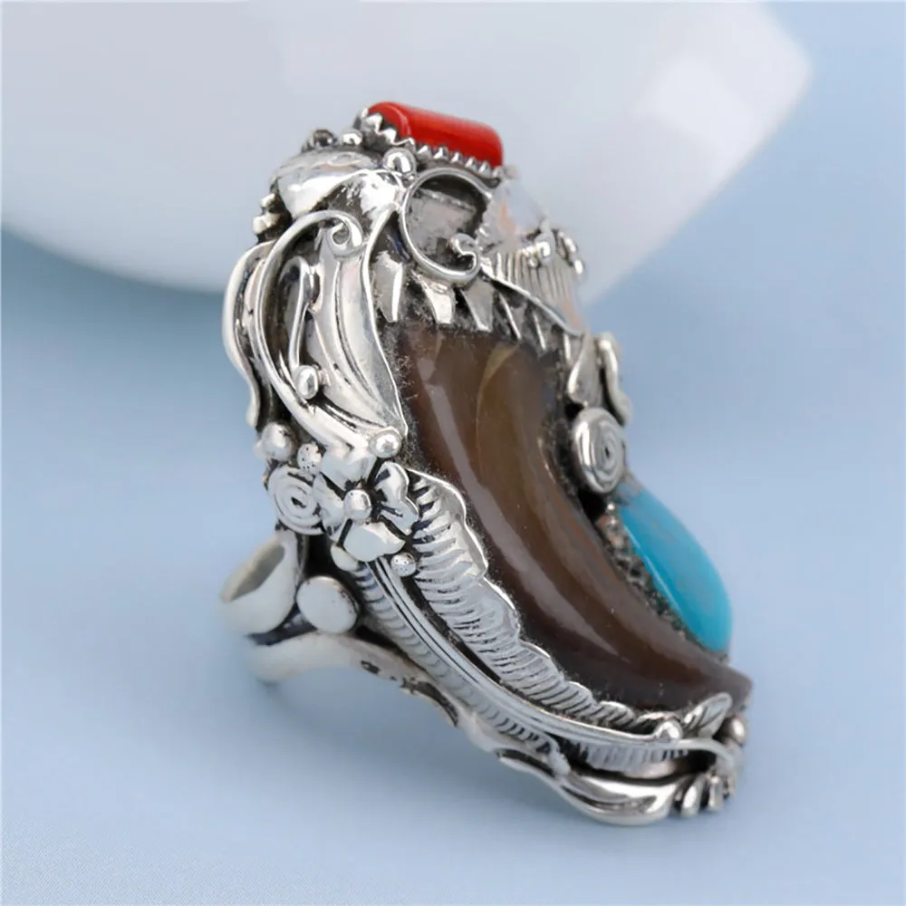 Real Solid 925 Sterling Silver Rings Turquoise Agate Flowers Fashion Punk Jewelry Open Size 8-11