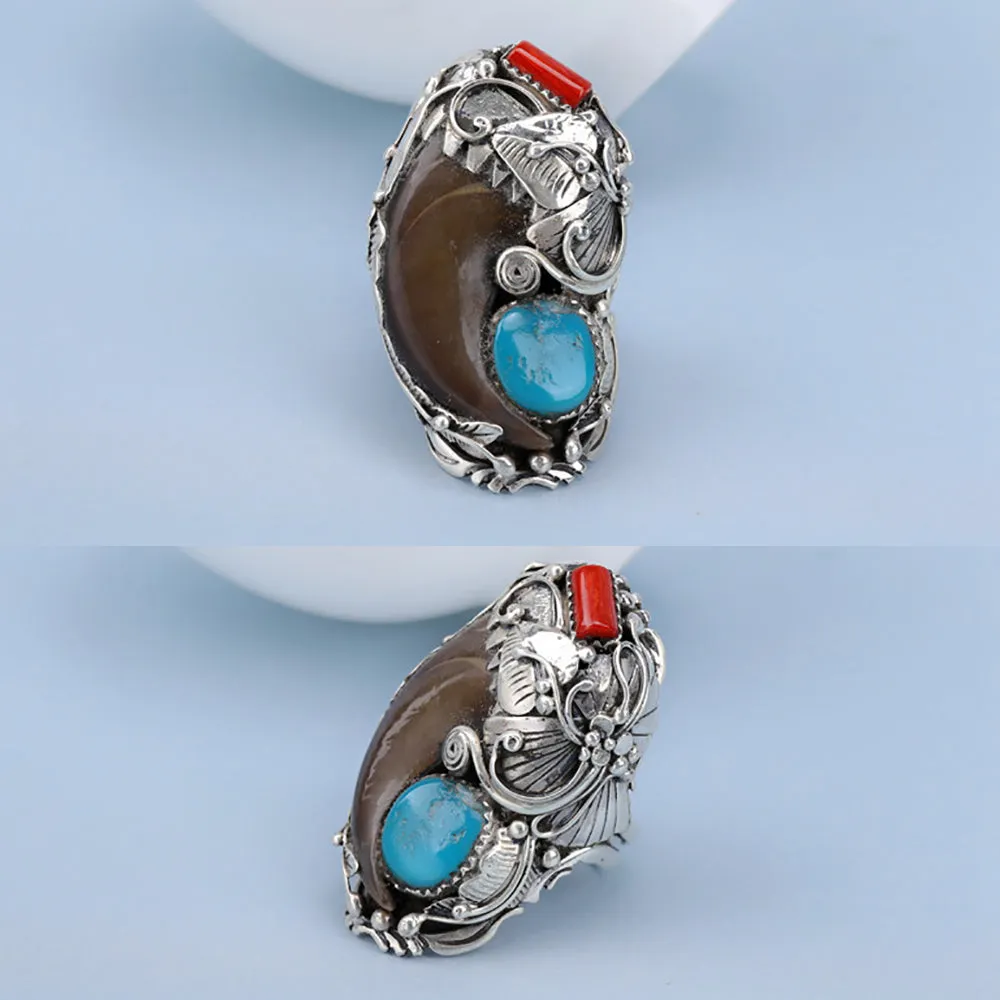 Real Solid 925 Sterling Silver Rings Turquoise Agate Flowers Fashion Punk Jewelry Open Size 8-11