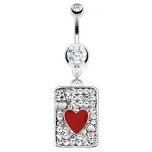 Red Ace of Hearts Poker Casino Card CZ Gem Belly Button Navel Ring Dangle