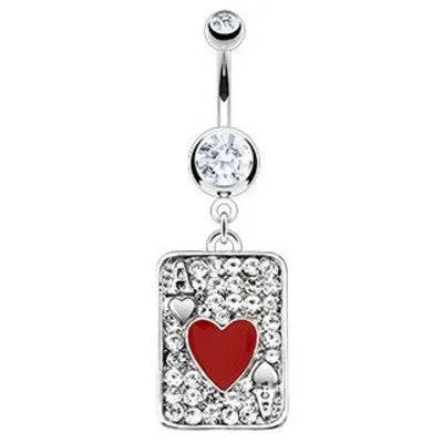 Red Ace of Hearts Poker Casino Card CZ Gem Belly Button Navel Ring Dangle