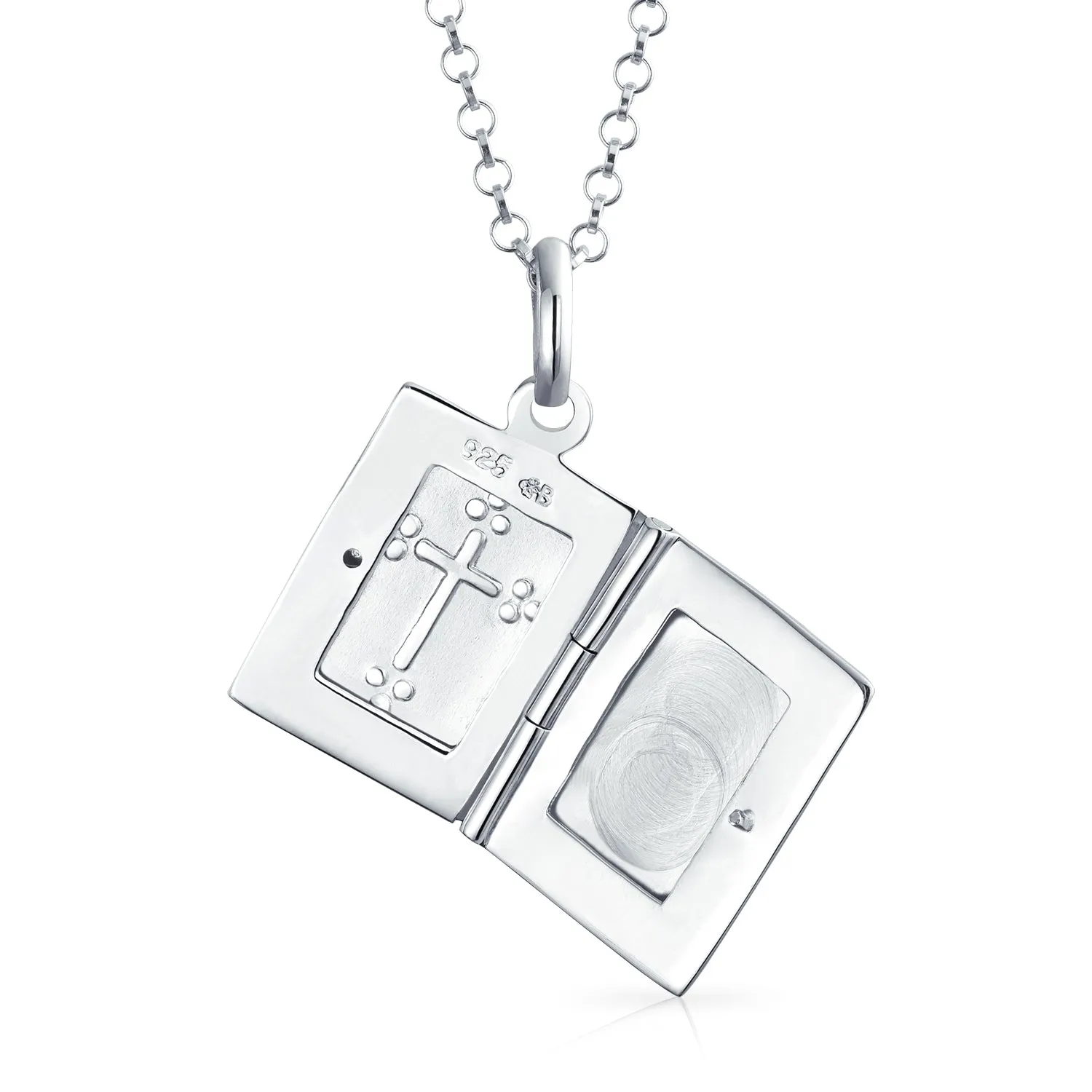 Religious Bible Cross Locket Necklace Holds Pictures .925 Silver