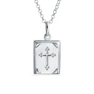Religious Bible Cross Locket Necklace Holds Pictures .925 Silver