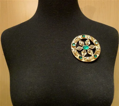 Robert Goossens of Paris Gilded Filigree Brooch/Pendant with Green Crystals