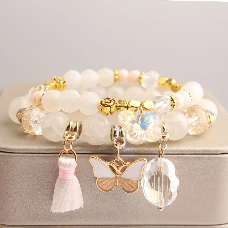 Rose sisi European and American style fashion stone bracelet for women elastic bracelet butterfly pendant jewelry for women gift
