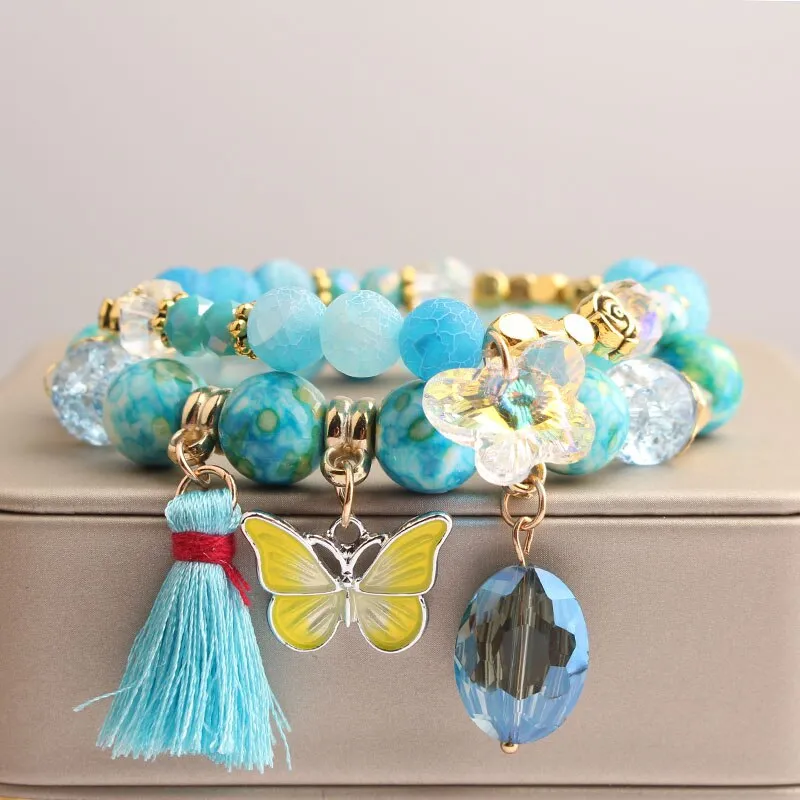Rose sisi European and American style fashion stone bracelet for women elastic bracelet butterfly pendant jewelry for women gift