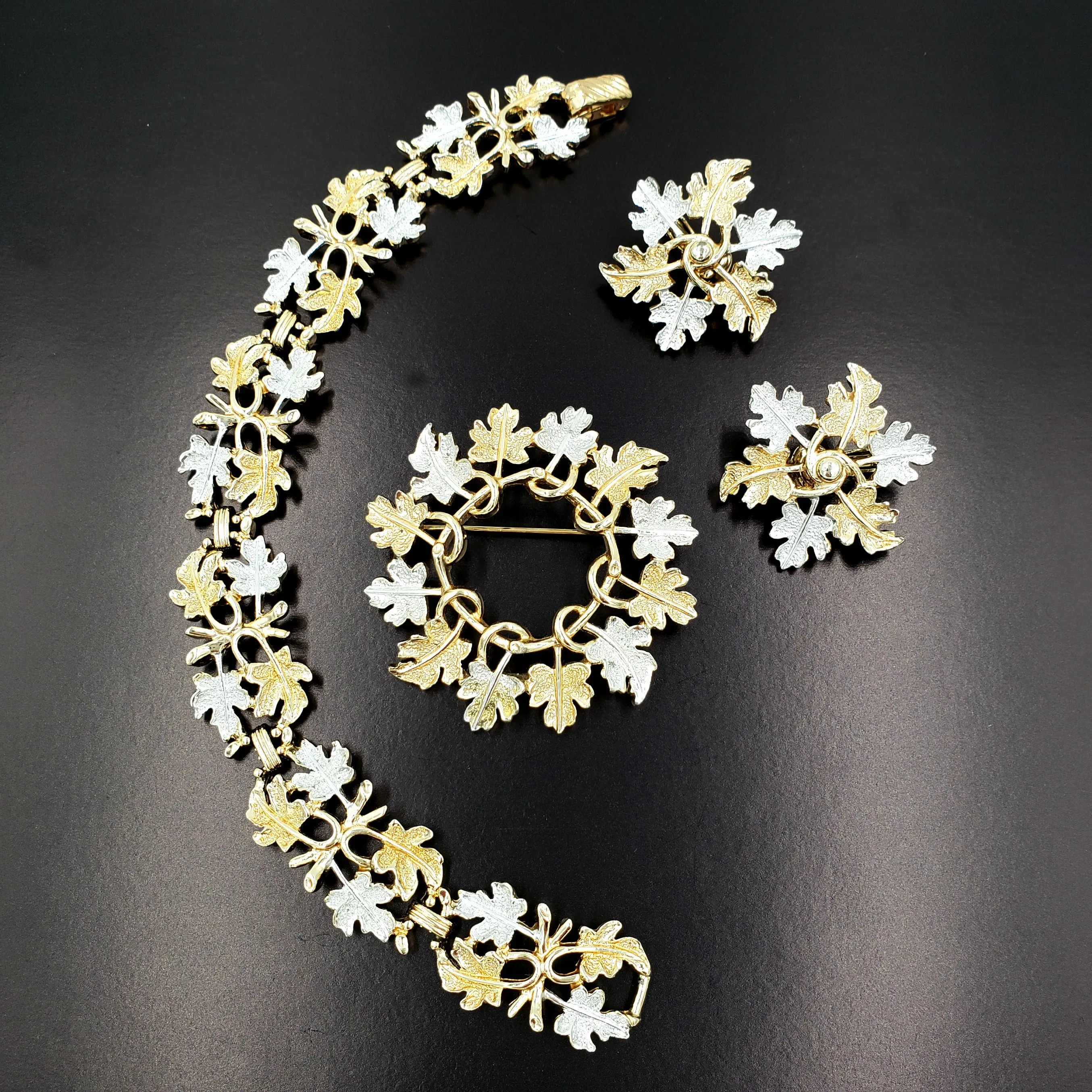 Sarah Coventry 1968 Vintage "Garland" Bracelet Brooch and Earring Set