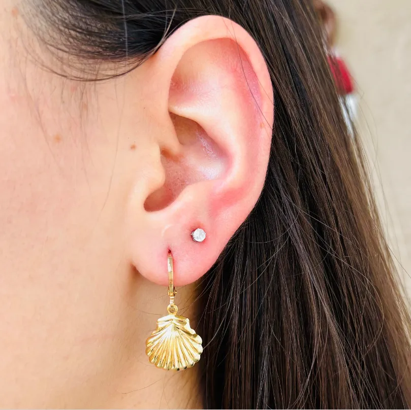 Seashell Hoop Earrings, Seashell Earrings Gold, Huggie Hoops