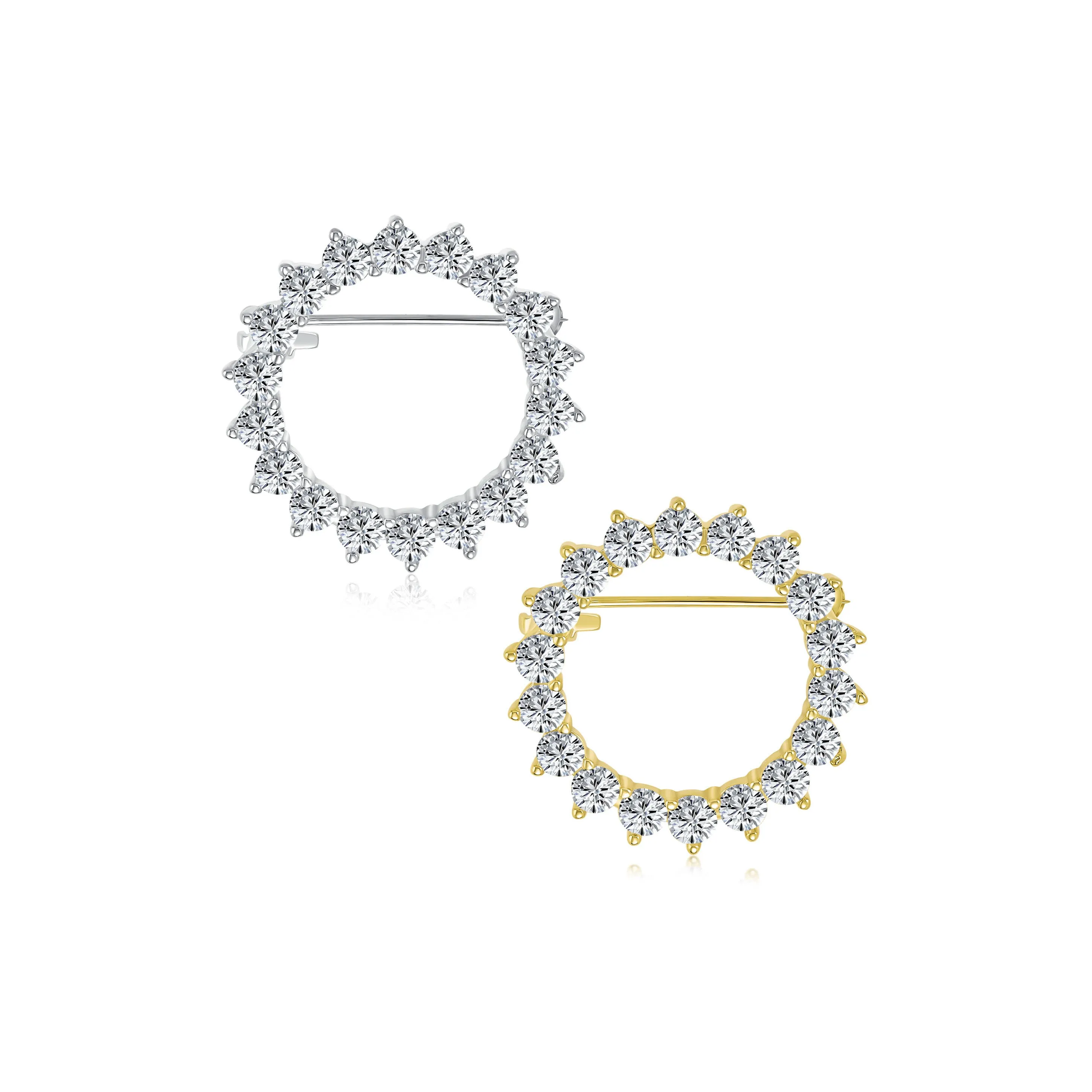 Set of 2 Bridal Marquise CZ Circle Brooch Pin for Wedding Gold Silver Plated