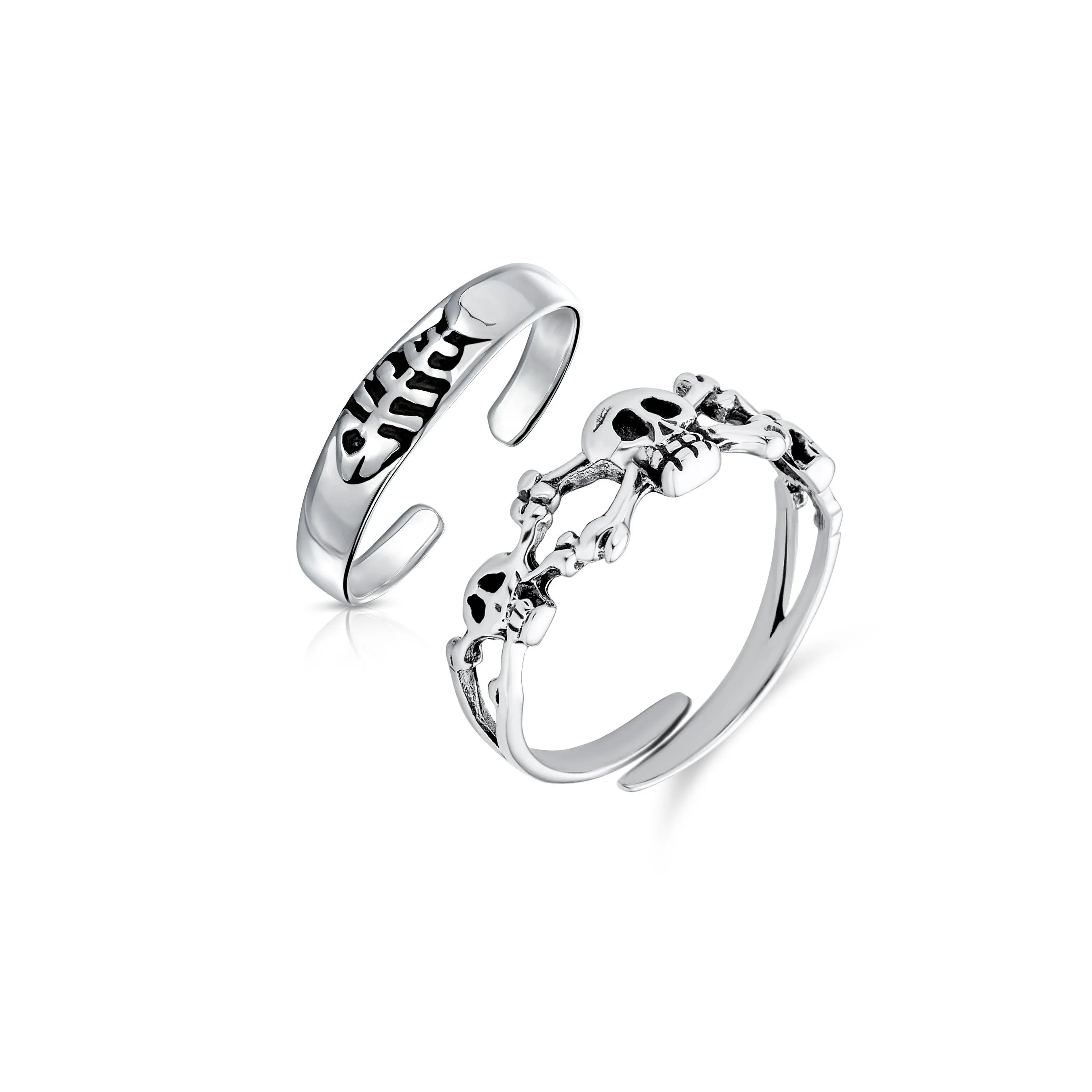 Set of 2 Nautical Fish Bone and Punk Rocker Skull Midi Toe Ring Sterling Silver