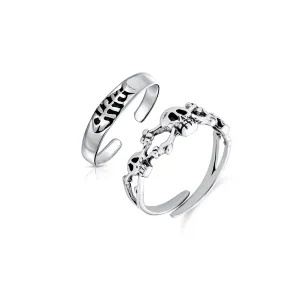 Set of 2 Nautical Fish Bone and Punk Rocker Skull Midi Toe Ring Sterling Silver
