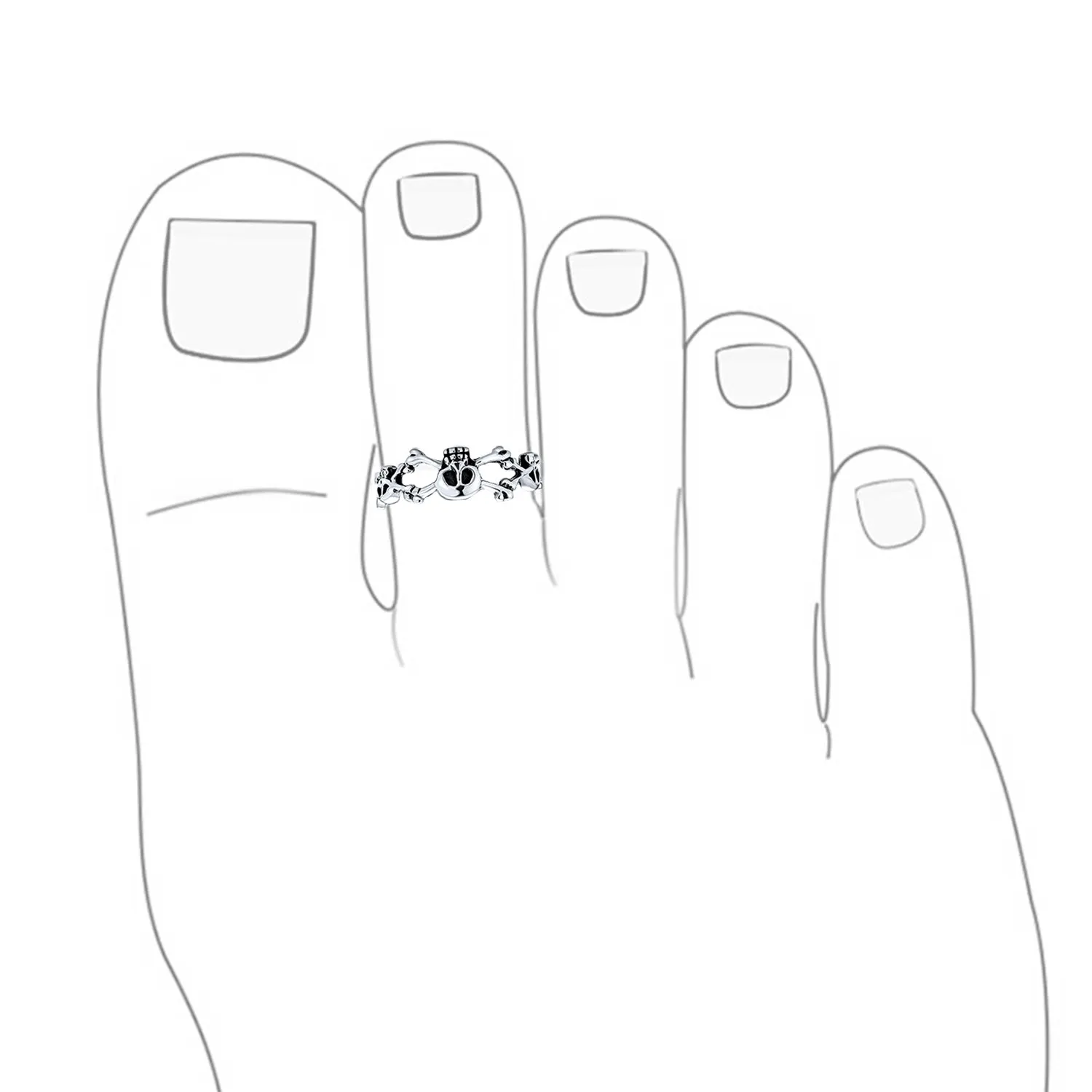 Set of 2 Nautical Fish Bone and Punk Rocker Skull Midi Toe Ring Sterling Silver
