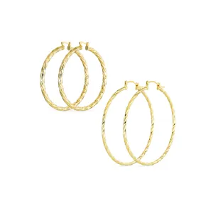 Set of 2 Rope Cable Wide Large Hoop Earrings Gold Plated 2 Inch & 2.25 Inch