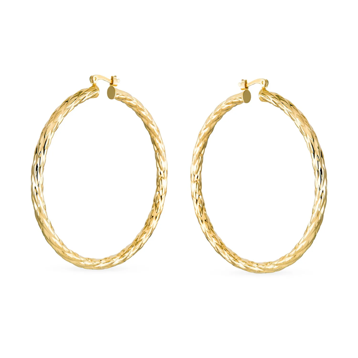 Set of 2 Rope Cable Wide Large Hoop Earrings Gold Plated 2 Inch & 2.25 Inch