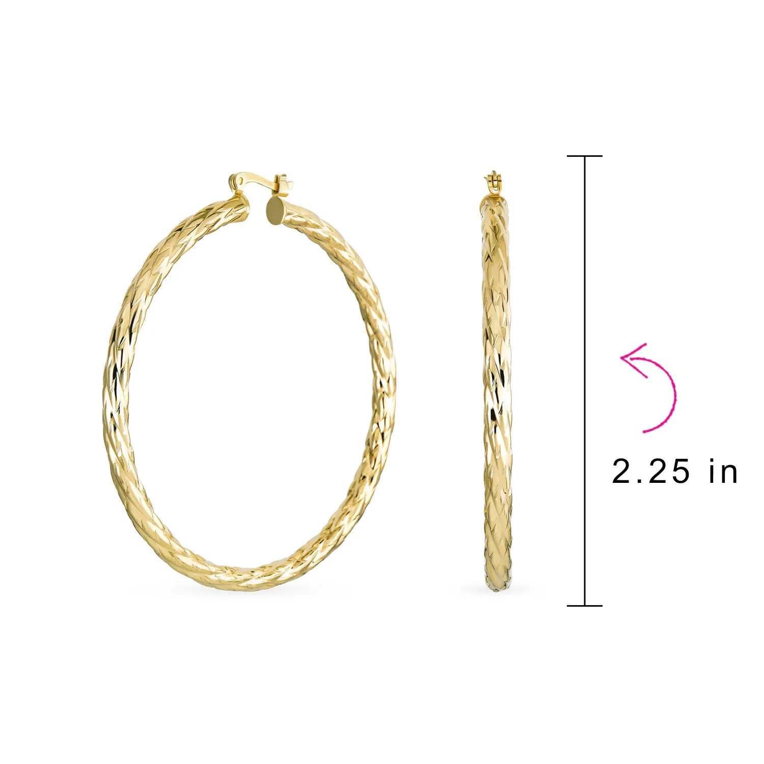 Set of 2 Rope Cable Wide Large Hoop Earrings Gold Plated 2 Inch & 2.25 Inch