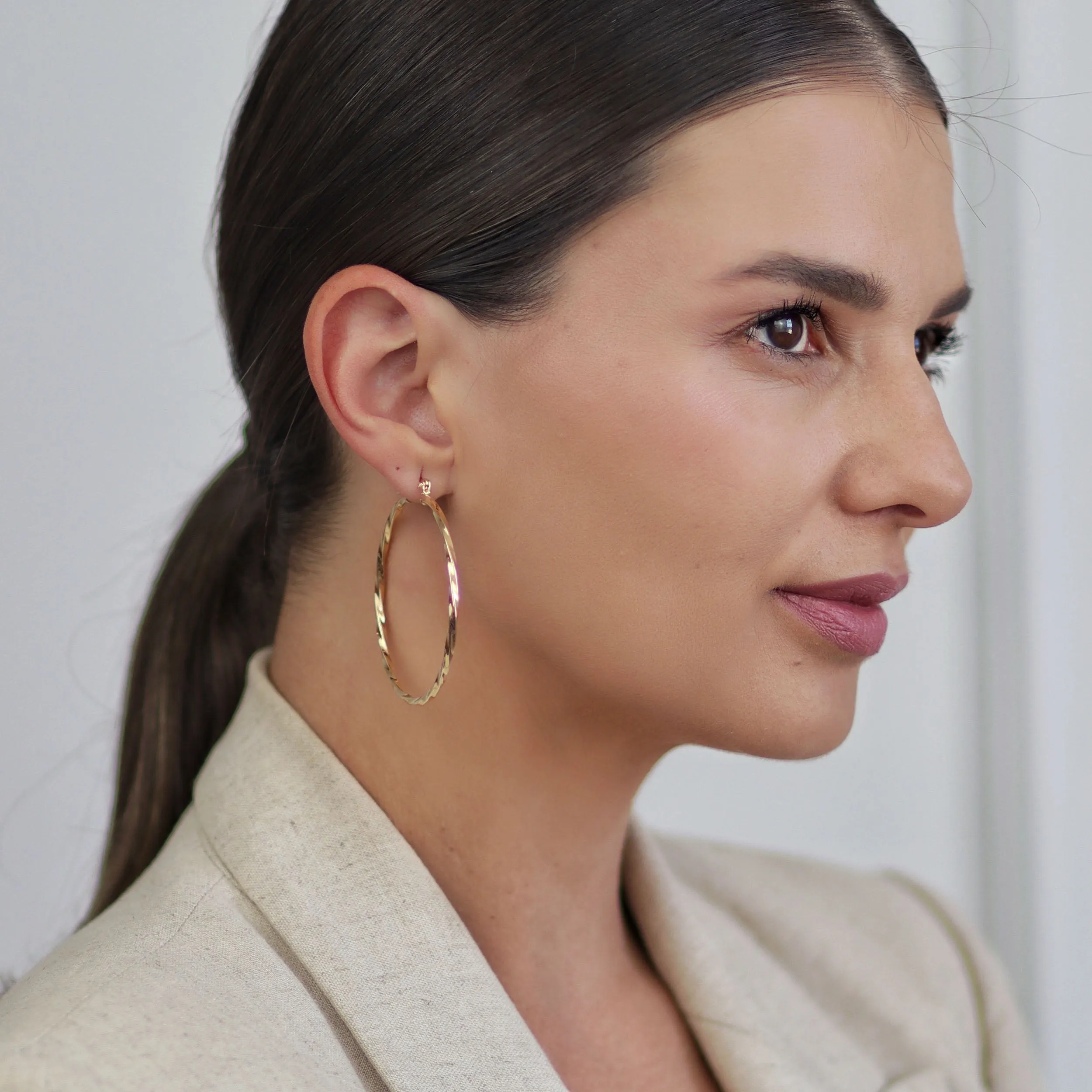 Set of 2 Rope Cable Wide Large Hoop Earrings Gold Plated 2 Inch & 2.25 Inch