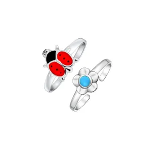 Set of 2 Sun Flower Blue Turquoise and Lucky Red Ladybug Midi Toe Ring Silver