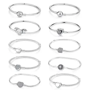 Silver Bracelets Bangles Crystal Ball Love Heart Clasp Beads Charms Moments Bracelet For Women DIY Jewelry