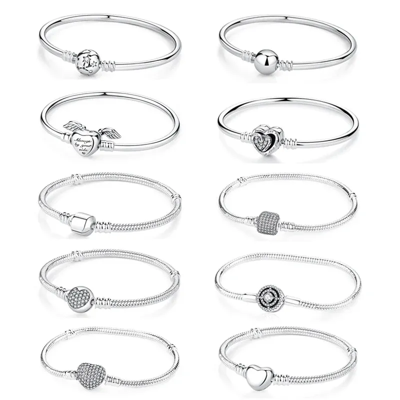 Silver Bracelets Bangles Crystal Ball Love Heart Clasp Beads Charms Moments Bracelet For Women DIY Jewelry