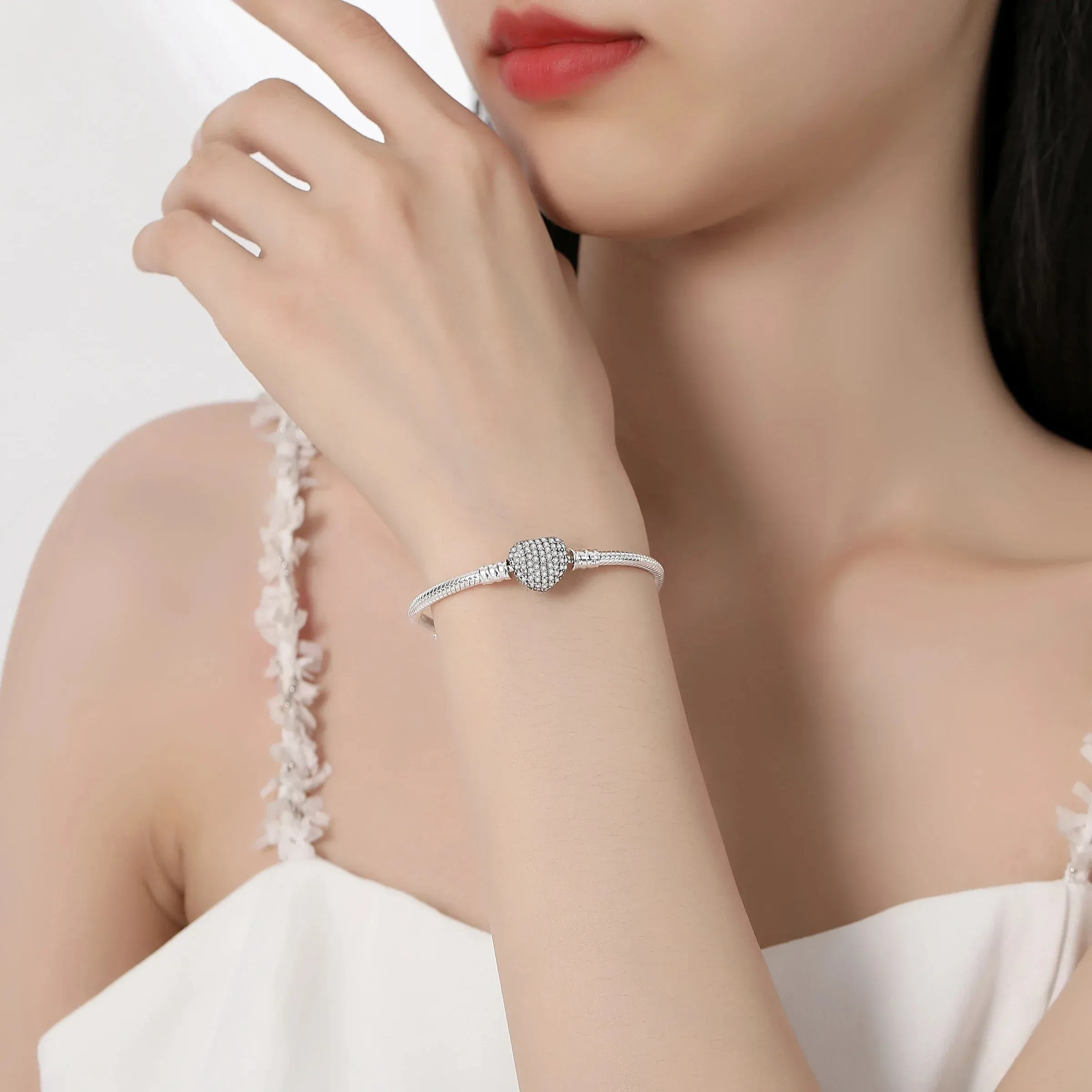 Silver Bracelets Bangles Crystal Ball Love Heart Clasp Beads Charms Moments Bracelet For Women DIY Jewelry