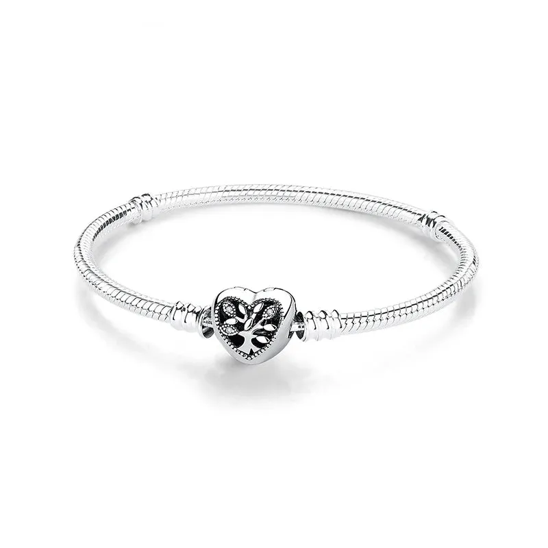 Silver Bracelets Bangles Crystal Ball Love Heart Clasp Beads Charms Moments Bracelet For Women DIY Jewelry