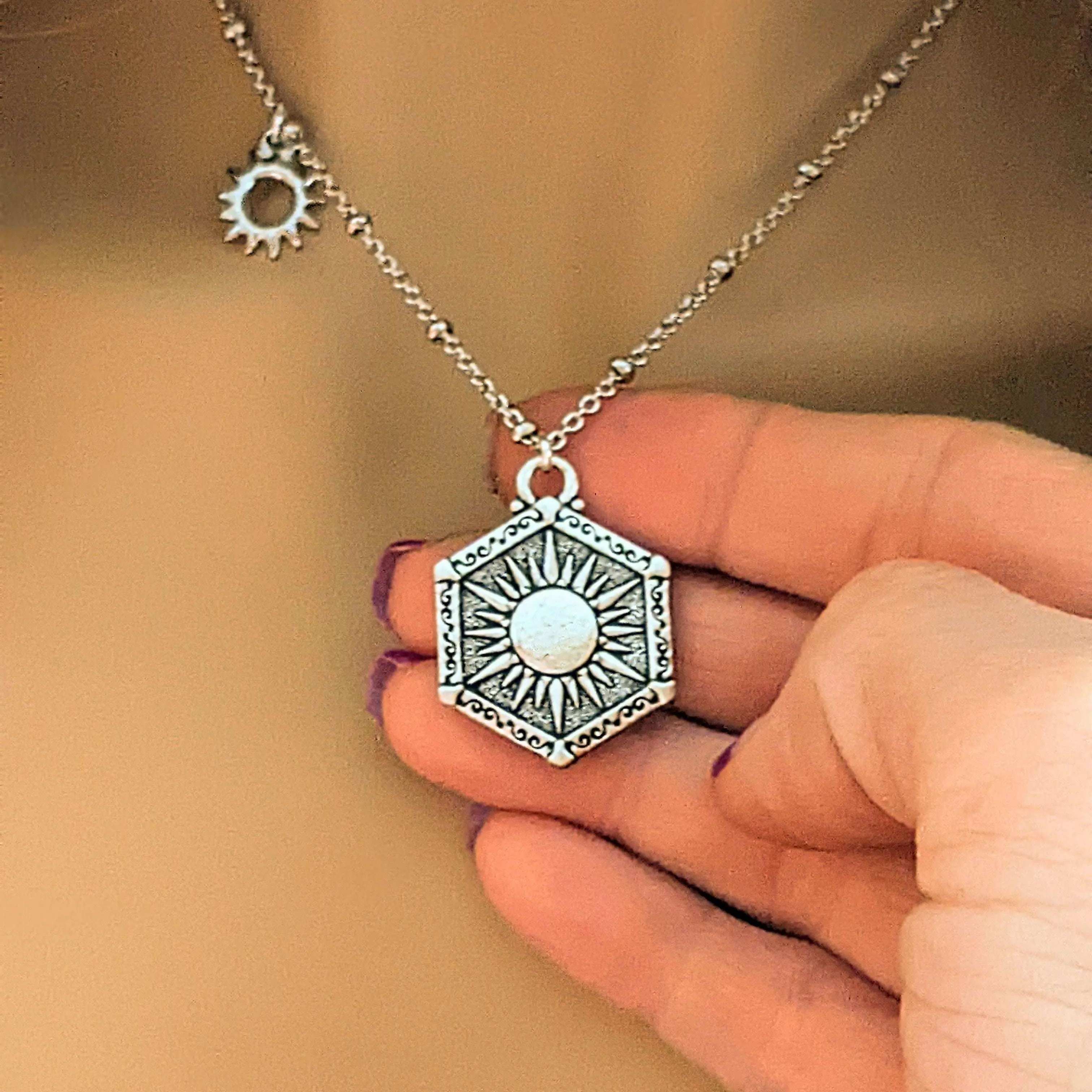 Silver Crescent Moon/Sun Reversible Necklace