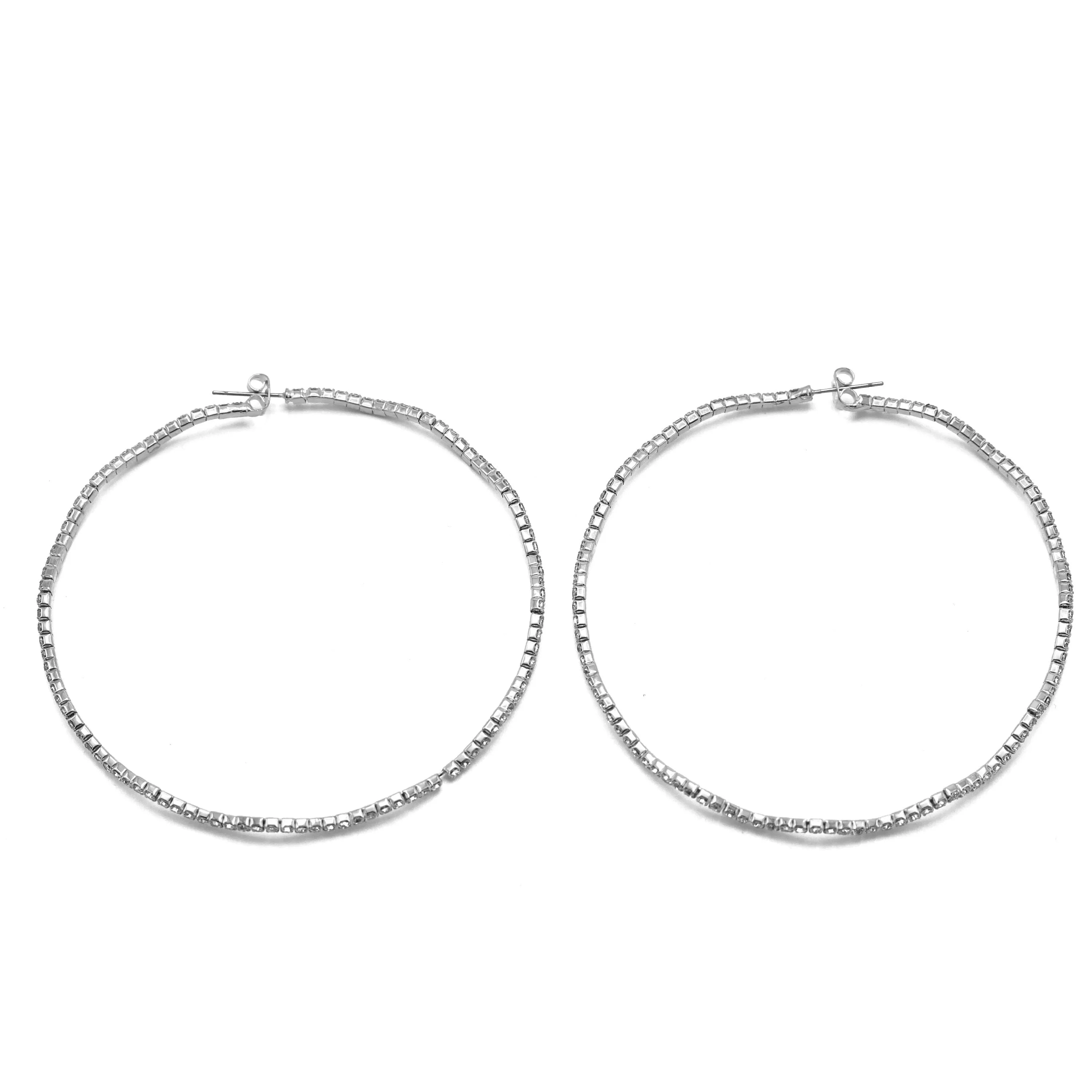 SILVER RHINESTONE HOOP EARRINGS 3" INCH DIAMETER#HNE90615RD(IC25)